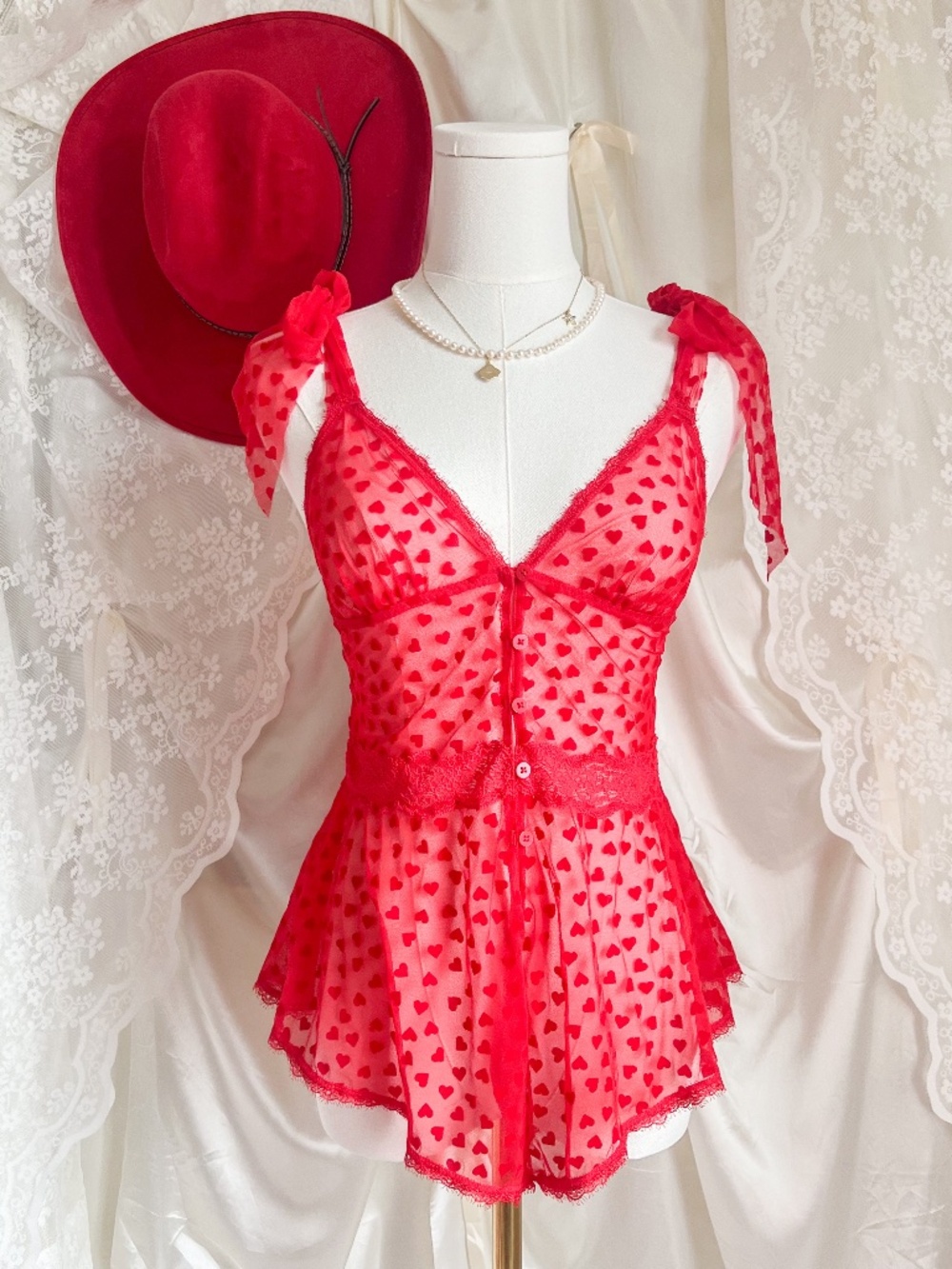 Victoria's Secret Red Heart Mesh Babydoll Teddy | Sheer Coquette Valentine Linge